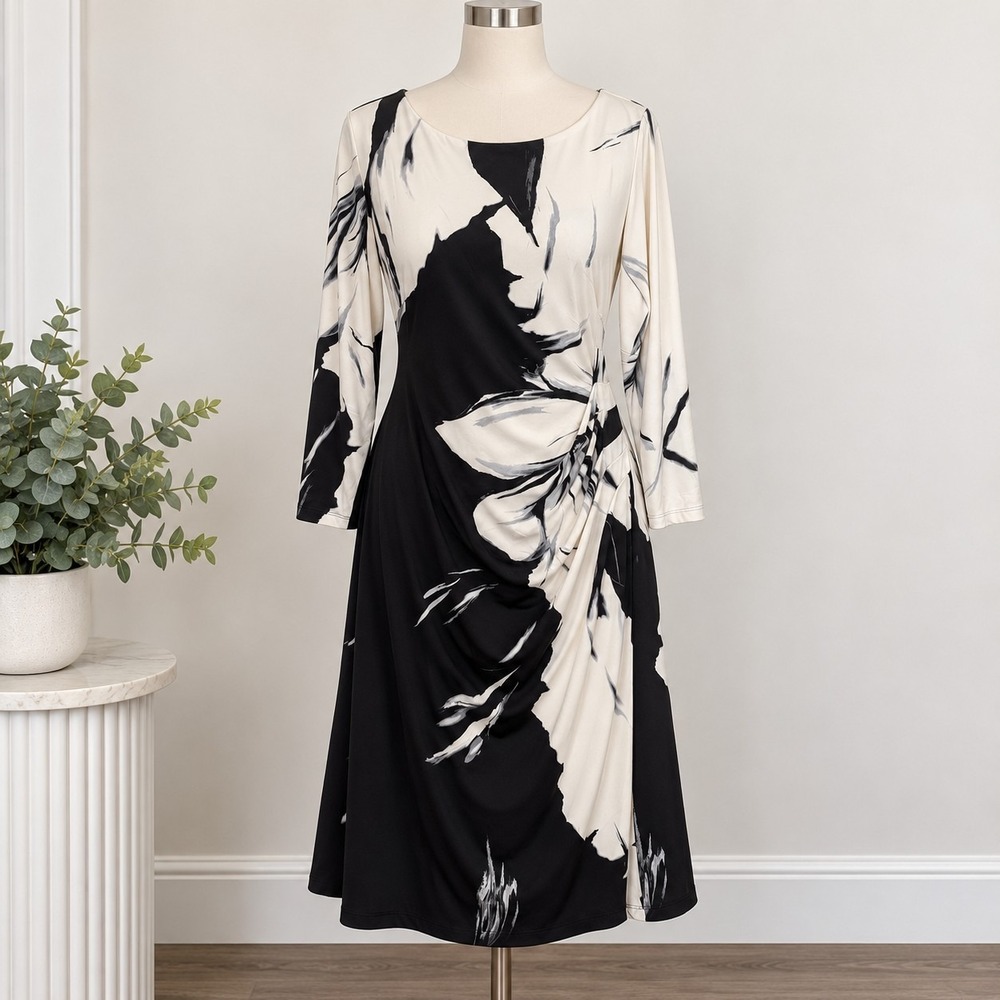 Abstract Floral Midi Dress Ruched Draped Black Ivory Lauren Ralph Lauren 20W